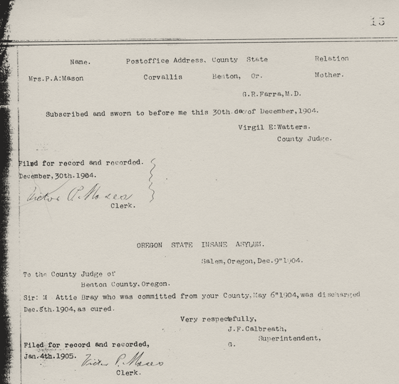 Attie Bray's Insane Asylum Commitment Documents