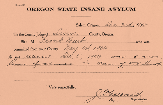 Frank Hurt's Insane Asylum Commitment Documents