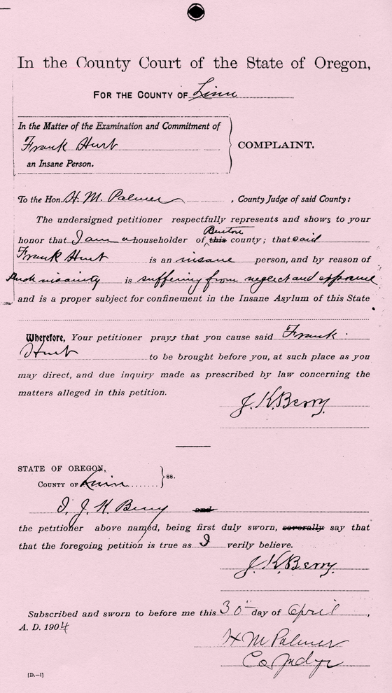 Frank Hurt's Insane Asylum Commitment Documents
