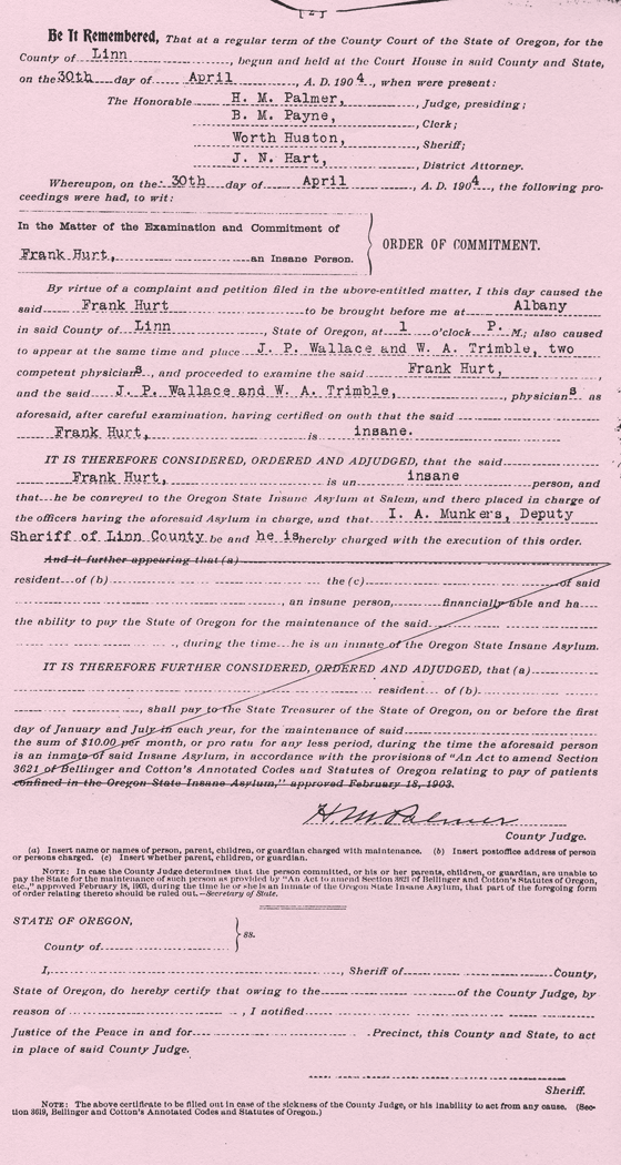 Frank Hurt's Insane Asylum Commitment Documents