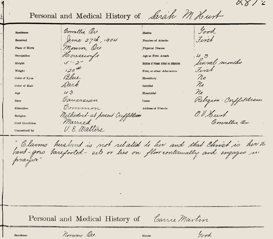 Sarah Hurt's Insane Asylum Commitment Documents