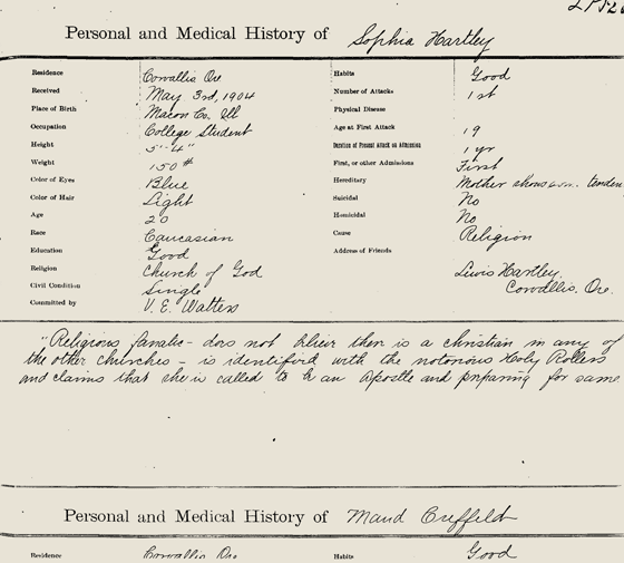 Sophie Hartley's Insane Asylum Commitment Documents