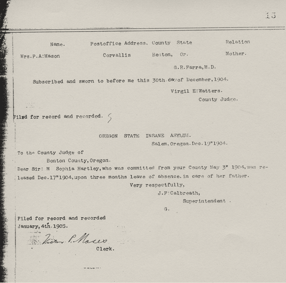 Sophie Hartley's Insane Asylum Commitment Documents